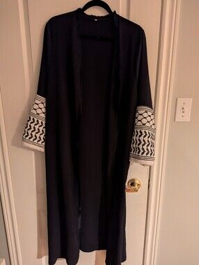 Black Open Front with Embroidered White Sleeve Panels Abaya, Dress, Modest